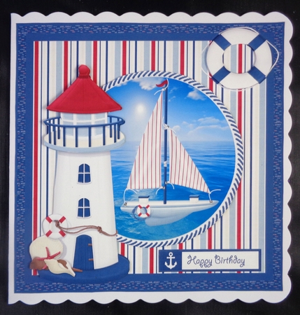 the sailing boat 7x7 card with decoupage by Linda Short
