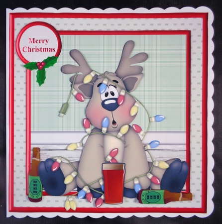 Hiccup - Drunken reindeer christmas card mini kit & decoupage by Linda Short