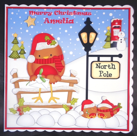 8 x 8 Christmas at the North Pole Bobbin Robin has a letter for Santa Scalloped Corner Topper  by Linda Short