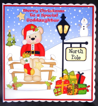 8 x 8 Christmas at the North Pole Cute Little Livvy Bear has a Christmas Stocking Scalloped Corner Topper  by Linda Short