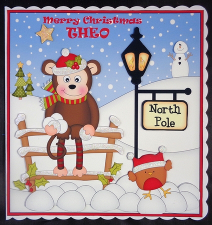 8 x 8 Christmas at the North Pole Little Monkey Bing has a Snowball Fight with Bobbin Robin Scalloped Corner Topper  by Linda Short
