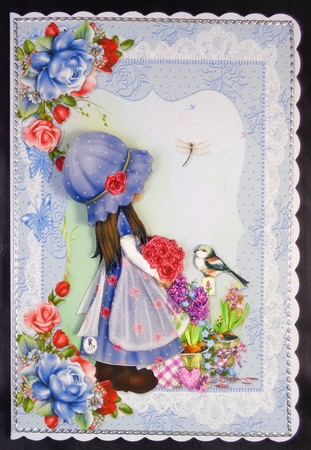 Cute Little Lydia in the Garden Card Front and Decoupage by Linda Short