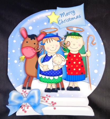 The Christmas Story Holy Family with Donkey Snow Globe Shaped Card by Linda Short