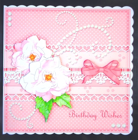 8x8 A Touch of Elegance Roses Pearls and Lace Quick card front with 3D decoupage by Linda Short
