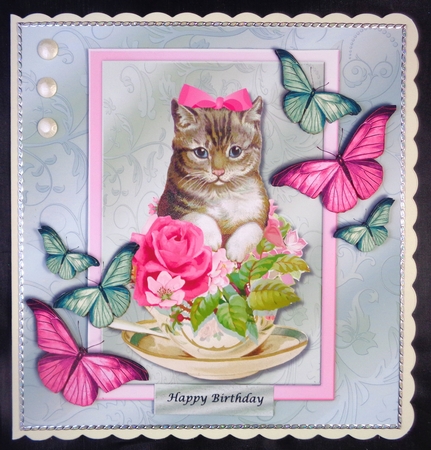 VintageKitten in teacup& Butterflies by Linda Short