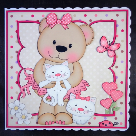 8 x 8 Livvy Bear plays with her Kittens Scalloped corner Topper by Linda Short