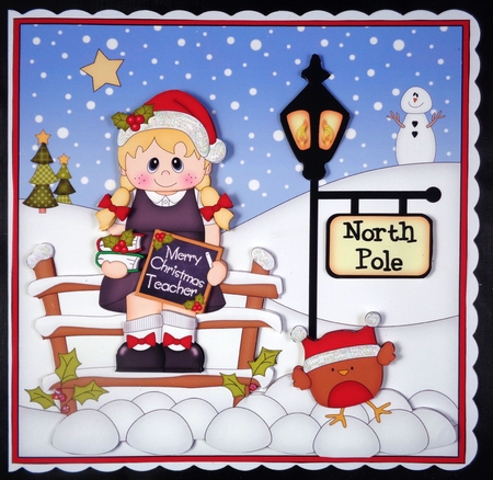 8 x 8 Christmas at the North Pole Little Christmas School Girl Scalloped Corner Topper by Linda Short