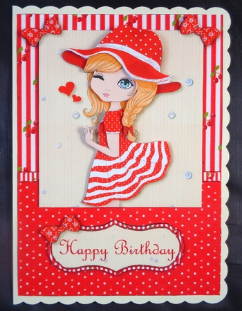 Cherry Red Love Heart Girl Card Front & Decoupage by Linda Short