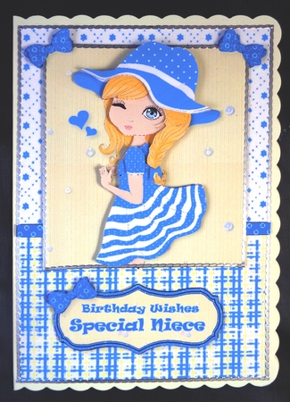 True Blue Love Heart Girl Card Front & Decoupage by Linda Short
