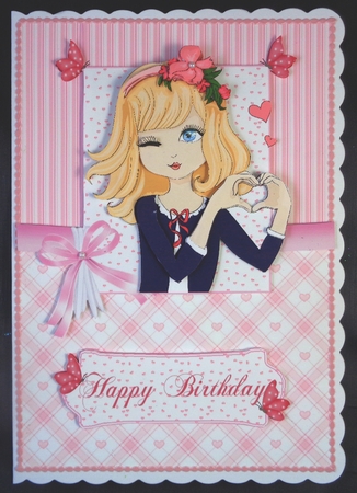 Pink Love Heart Girl Card Front & Decoupage by Linda Short