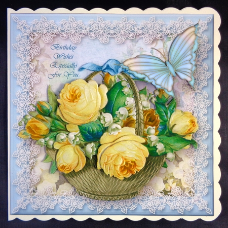 Vintage Flower Basket Decoupage Card Front by Linda Short