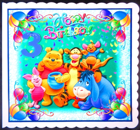 Pooh & Friends age Birthday card front by Linda Short