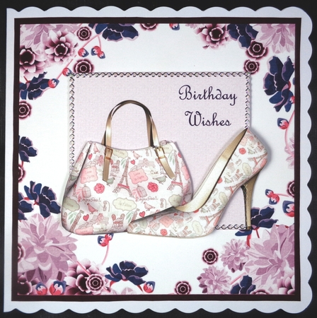 Pink handbag and shoe card front 1 by Linda Short