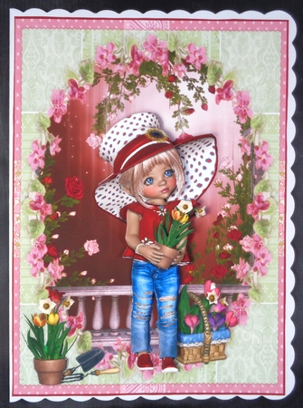 Sweet Little Gardener A5 Card Front & Decoupage by Linda Short