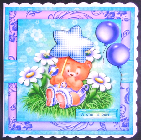 Cute teddie new baby boy card Topper by Linda Short