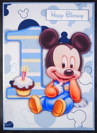 Baby Mickey Mouse First Birthday A5 Decoupage by Linda Short
