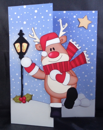 3D Shaped No-Hole Fold Back Christmas Card Mini Kit  - Rudolph is having a Snowball Fight by Linda Short