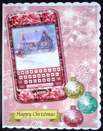 Red phone with winter cottage, snow and bauble background by Linda Short