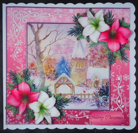Beautiful Christmas Church With Lillies 8x8 by Linda Short