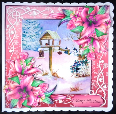 Beautiful Christmas Scene With Pink and Purple Lillies 8x8 by Linda Short
