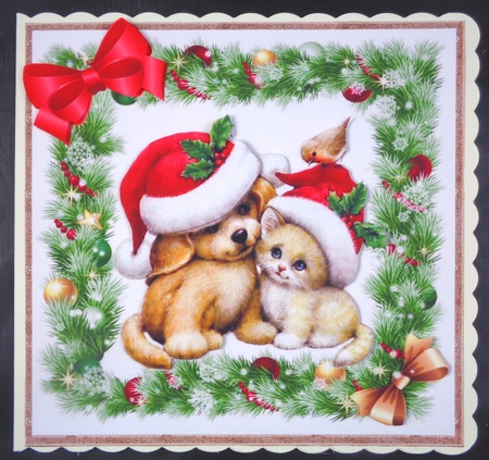 cute puppy and kitten in santa hats in festive frame 8x8 by Linda Short