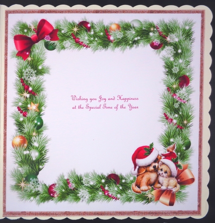 cute puppy and kitten in santa hats in festive frame 8x8 blank insert by Linda Short