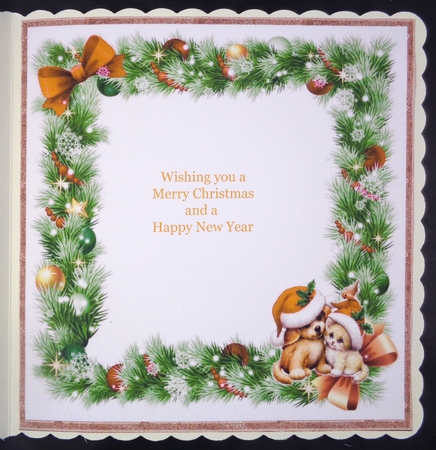 cute puppy and kitten in gold santa hats in festive frame 8x8 blank insert by Linda Short