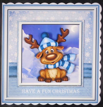 Little Reindeer Card Front (Blue) by Linda Short