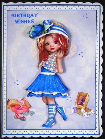 Sweet Little Fashion Girl Blue A5 Card Front & Decoupage by Linda Short