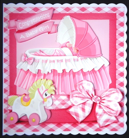 baby girl in pink frill bassinet with gingham bow 8x8 by Linda Short
