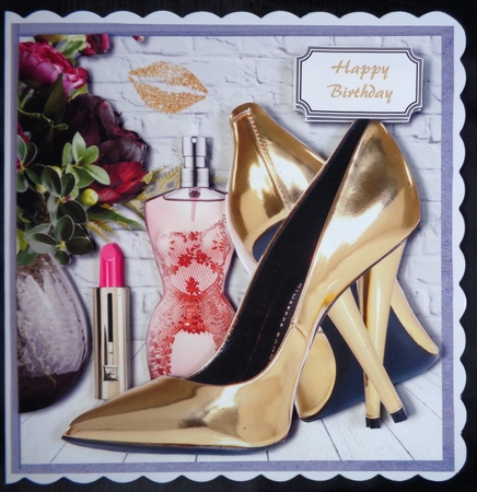 Gold shoes, flowers, lipstick and perfume by Linda Short