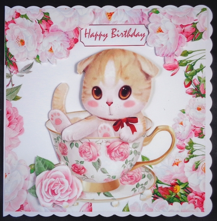 cute kitten in a teacup with pink roses & peonies 8x8 by Linda Short