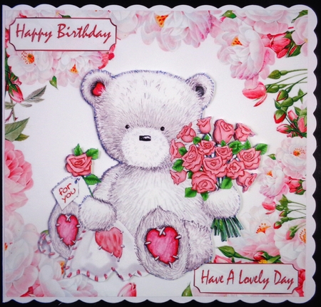 for you! cute white teddy with pink roses & peonies 8x8 by Linda Short