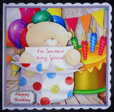 Forever friends bear in gift box with balloons, cake and bunting by Linda Short