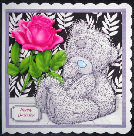 Tatty teddy with single pink rose by Linda Short