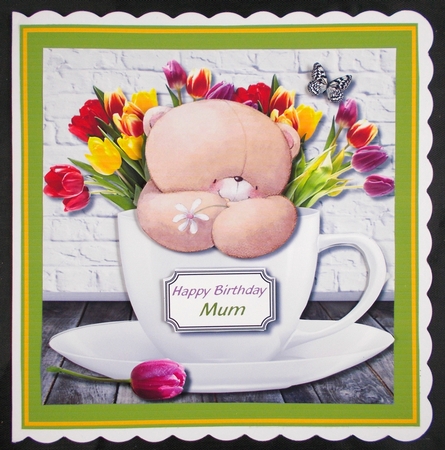 Forever friends bear in teacup with tulips by Linda Short