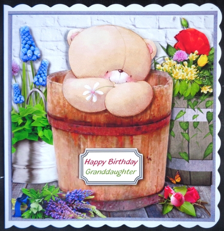 Forever friends bear in barrel with flowers by Linda Short