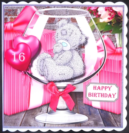 Tatty teddy in brandy glass with gifts by Linda Short