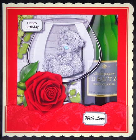 Tatty teddy in glass with rose by Linda Short