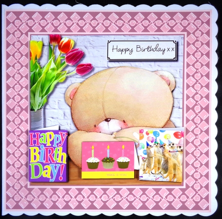 Forever friends bear with birthday cards and tulips by Linda Short