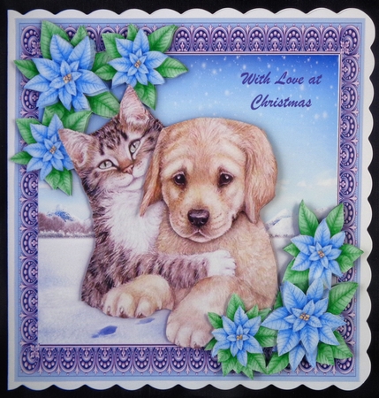 Gorgeous Cat & Dog With Blue Flowers 6x6  by Linda Short
