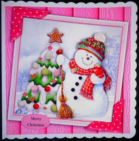 Gorgeous Snowman With Tree 8x8 by Linda Short
