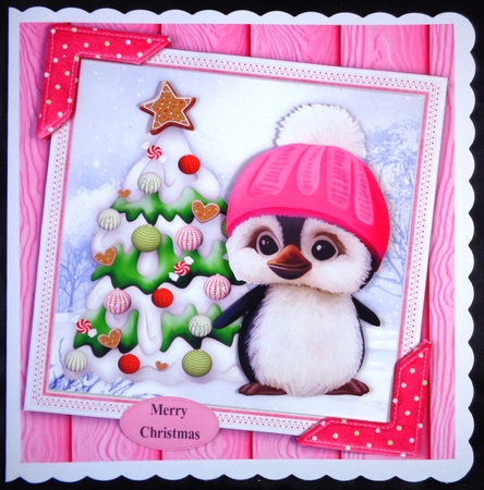 Gorgeous Penguin With Pink Bobble Hat 8x8 by Linda Short