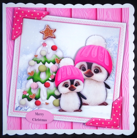 Gorgeous Penguins With Pink Bobble Hats 8x8 by Linda Short