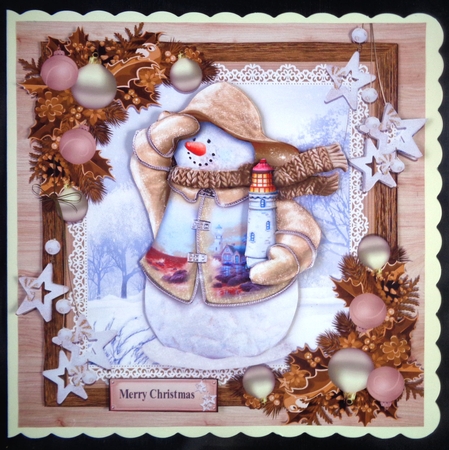 Gorgeous Snowman With Light House In Wooden Frame 8x8 by Linda Short
