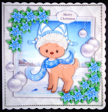 Gorgeous Reindeer With Blue Hat 8x8 by Linda Short