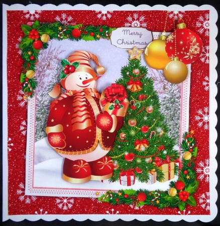 Cute Snowman With Christmas Tree 8x8 by Linda Short