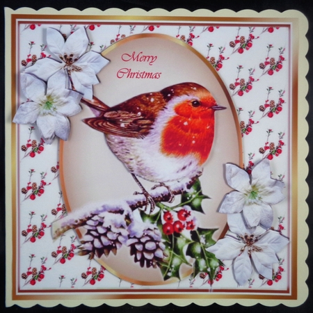 Lovely Robin on a branch of holly with snow 8x8 by Linda Short