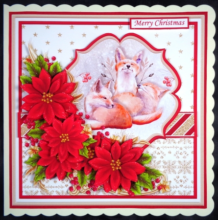 FOX FAMILY & POINSETTIA 7.5 Christmas Decoupage & Insert Kit by Linda Short
