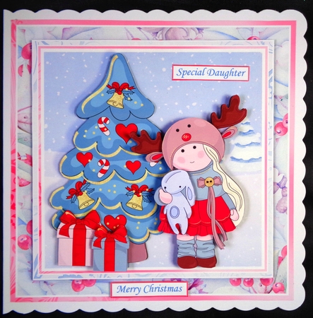 GIRL IN REINDEER HAT Christmas 7.5 Decoupage & Insert Mini Kit by Linda Short